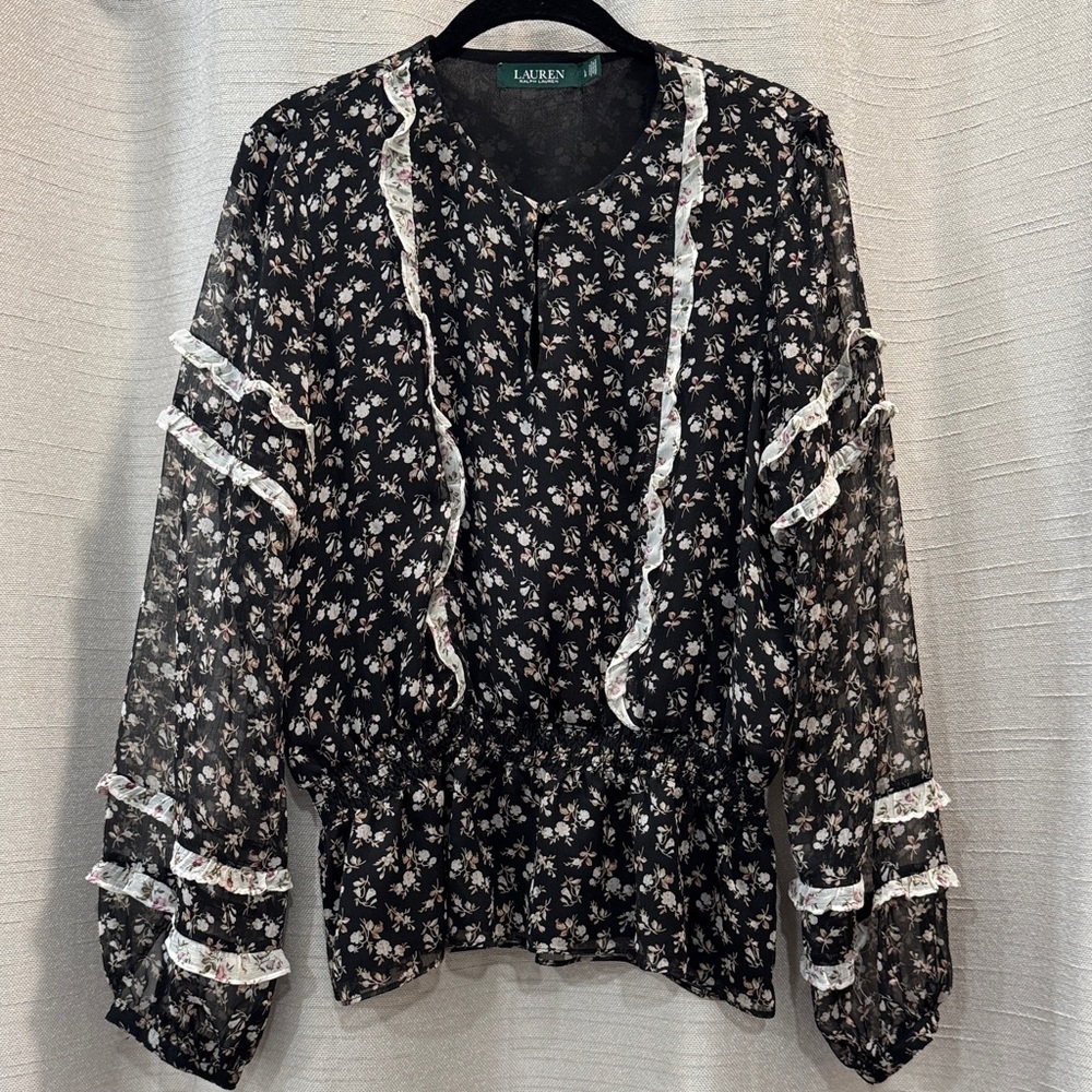 Lauren Ralph Lauren Black Floral Ruffle Blouse Size Large